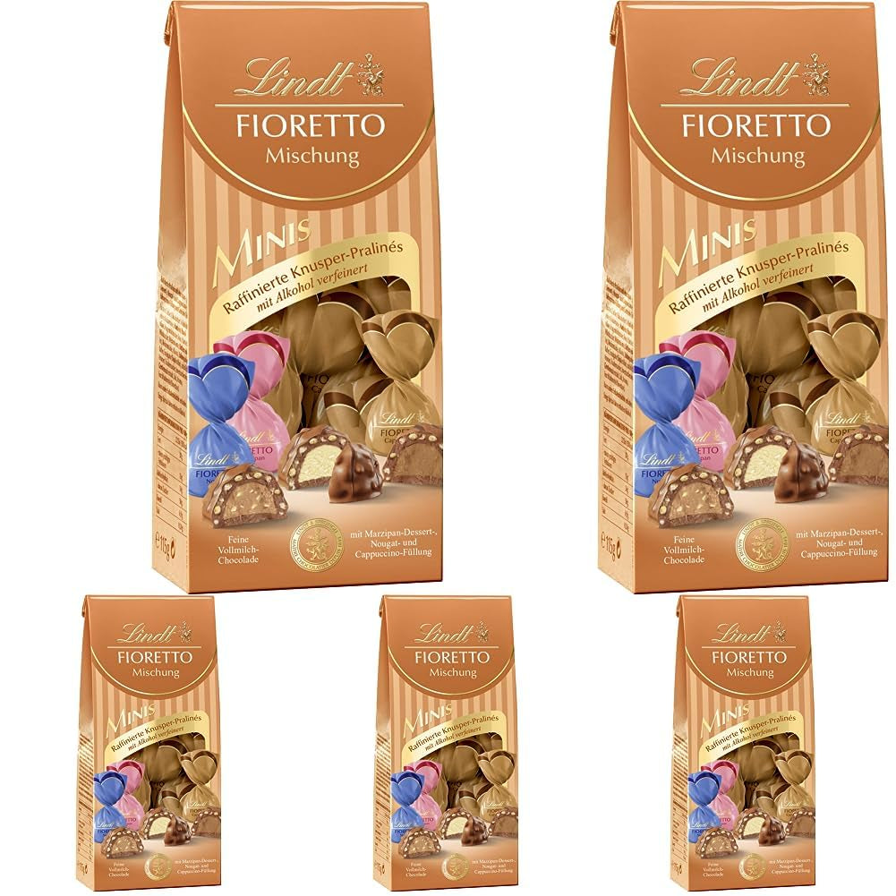 Schokolade - Sortiment FIORETTO Minis | 115 g | Ca. 10 Pralinen aus Milchschokolade in den Geschmacksrichtungen Marzipan, Cappuccino und Nougat, enthält Alkohol | Schokoladen-Geschenkset | Schokoladen-Geschenkset (5er-Pack)
