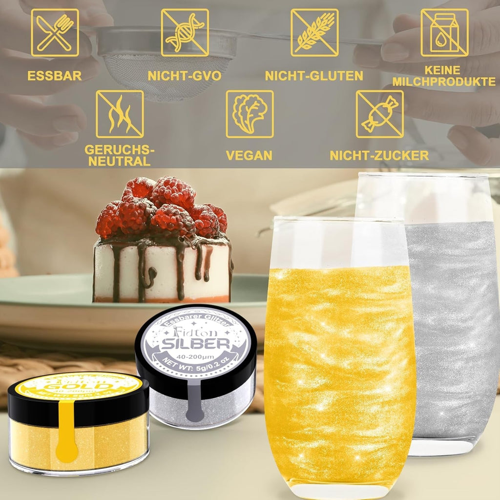 Sclipici comestibil pentru băuturi - Set de colorant alimentar pudră Fidton cu 2 culori, Sclipici comestibil pentru prăjituri, Fondant auriu, Gogoașă, Sclipici comestibil pentru băuturi, Cocktail, Aur și argintiu comestibil - 5 g