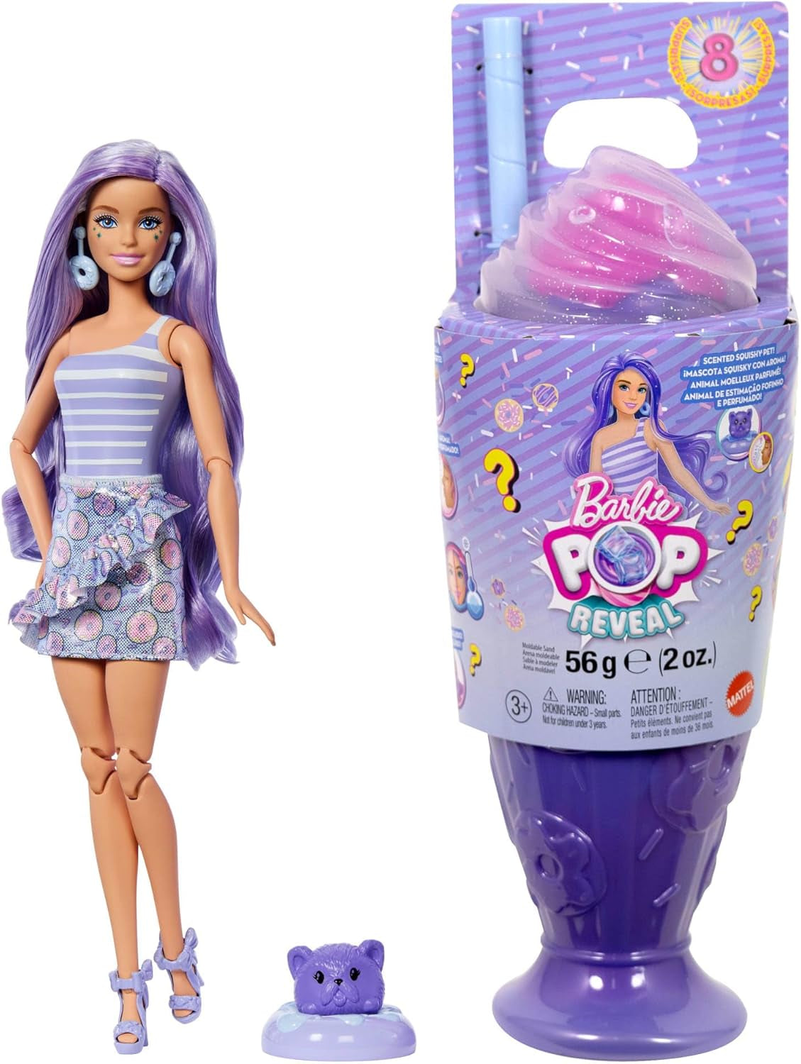 Set Barbie Pop Reveal Series cu păpușă la modă și accesorii, serie de dulciuri, design Donut Dreams cu animal de companie, 8 surprize, inclusiv schimbarea culorii, JFY60