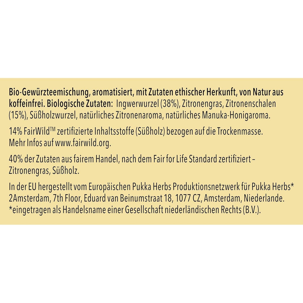 Pukka | Amestec de ceaiuri aromatizate bio „Lămâie și ghimbir cu o notă fină de miere de Manuka” | Încălzește-te și relaxează-te cu acest ceai | Pachet de 1 | 20 pliculețe de ceai