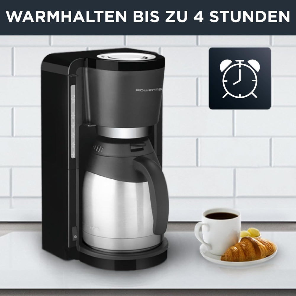Espressor cu filtru Rowenta Adagio, carafă termică din oțel inoxidabil, menține cafeaua caldă până la 4 ore, capacitate 10-15 cești, capacitate 1,25 l, coș filtru detașabil, oprire automată, negru, CT3818