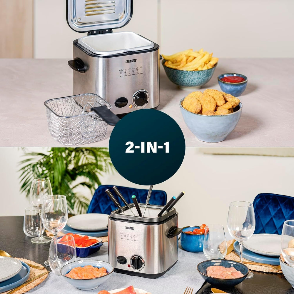 Princess 182611 Mini-Fondue-Fritteuse – schnelles Aufheizen – Geruchsfilter – 1,2 Liter Fassungsvermögen, Silber Haushaltsgeräte Naty Shop