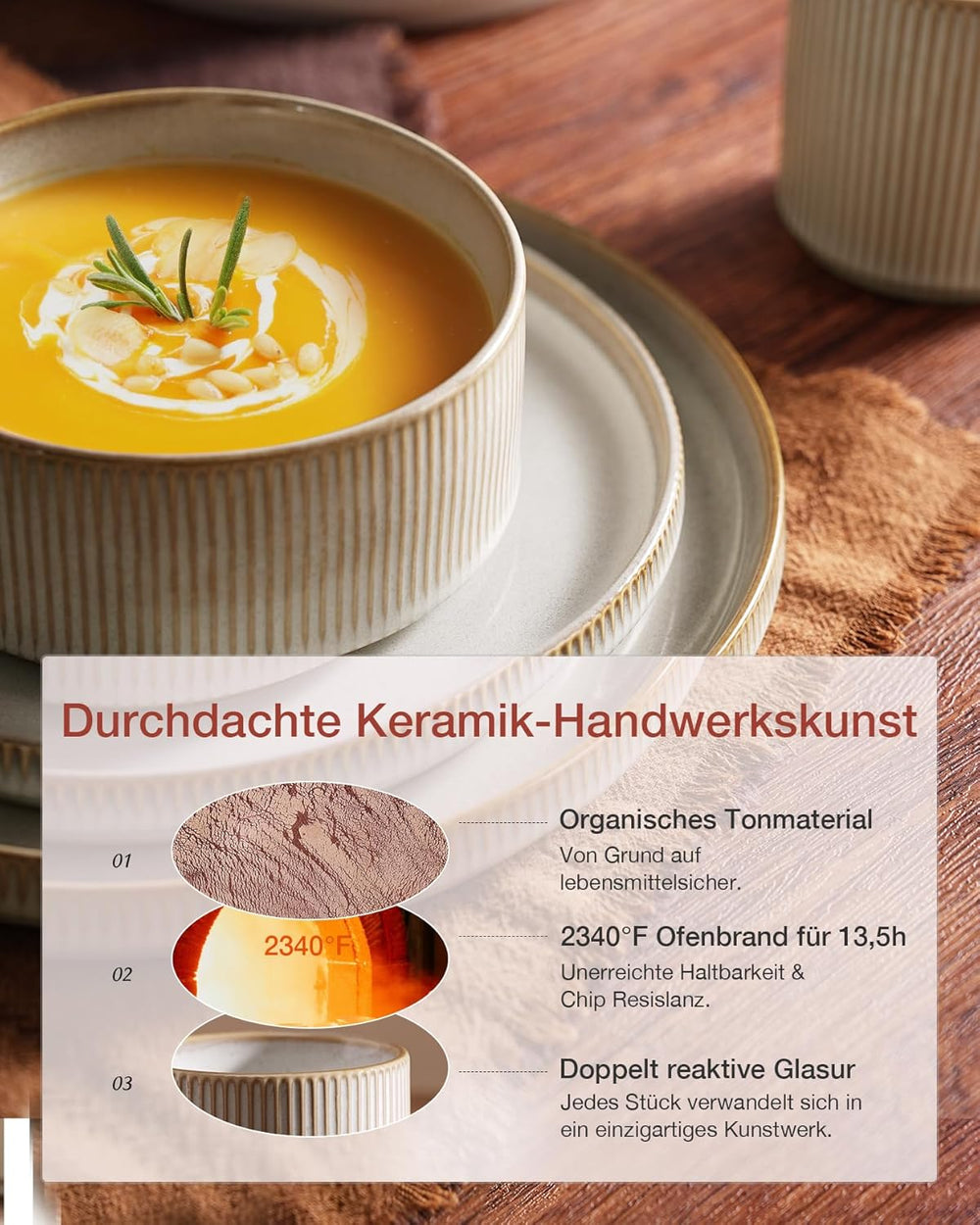 Set de veselă Star cu 18 piese, set de veselă pentru 6 persoane, set de veselă din gresie, rezistent la zgârieturi, potrivit pentru cuptorul cu microunde și mașina de spălat vase, alb cappuccino