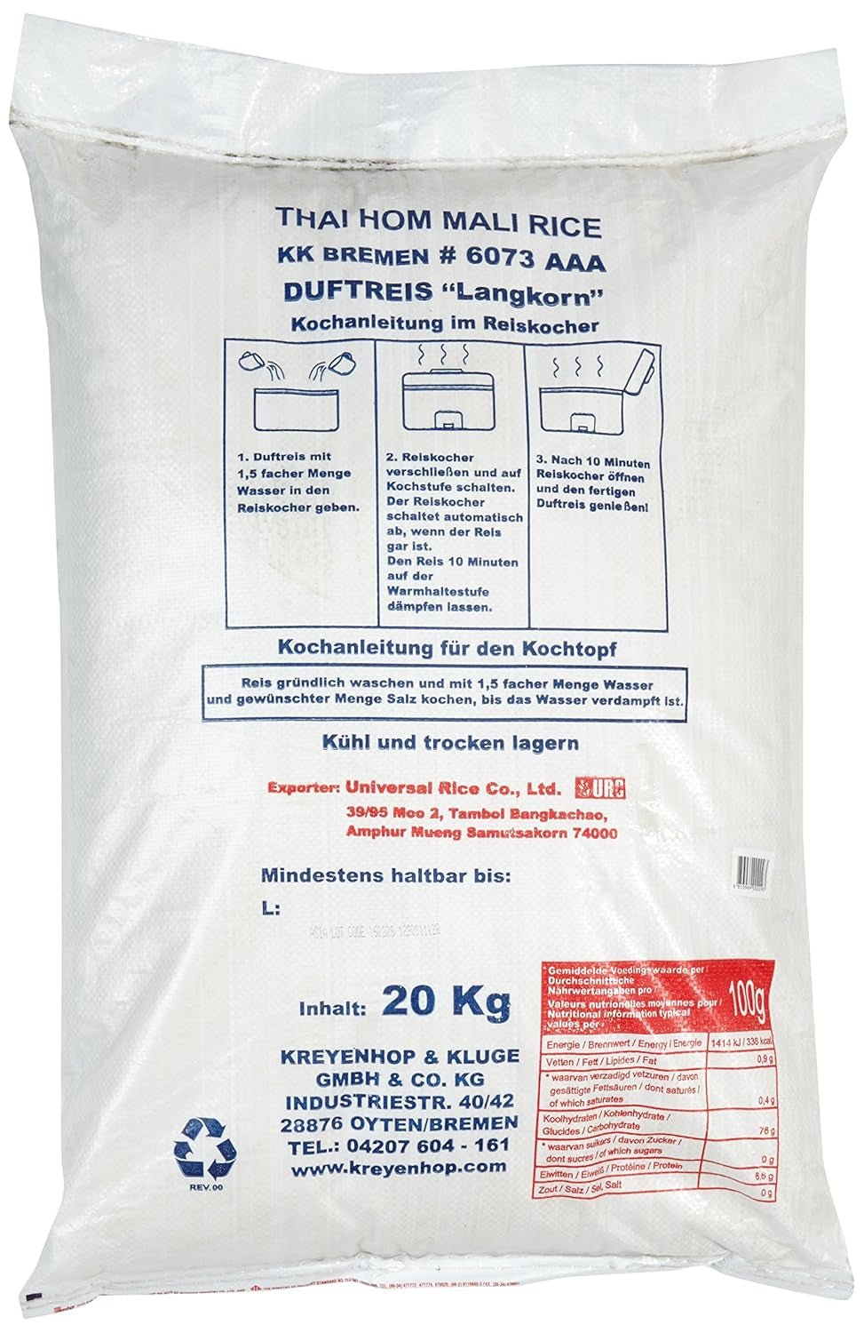 Aroy-D Duftreis, 100 % Langkornreis, 1 Packung (1 x 20 kg)