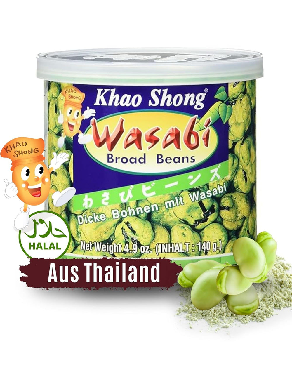Khao Shong Gebratene grüne Erbsen mit Wasabi, knusprige Erbsen in würzigem Teig, eine fettarme Alternative zu Nüssen, mittelscharf, 1 140-g-Dose | 140 g (1 Packung)
