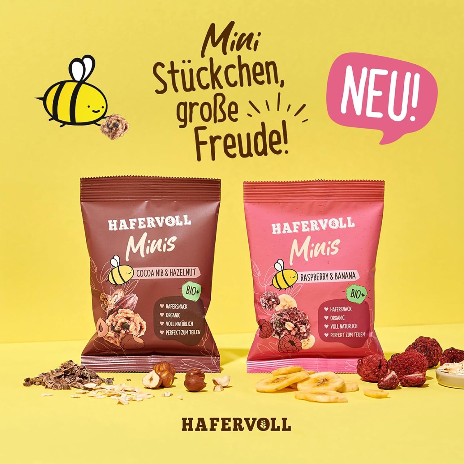 HAFERVOLL Minis Raps und Banane 8x 65g - Bio-zertifiziert, mit Honig, ohne Zuckerzusatz, ideal zum Teilen
