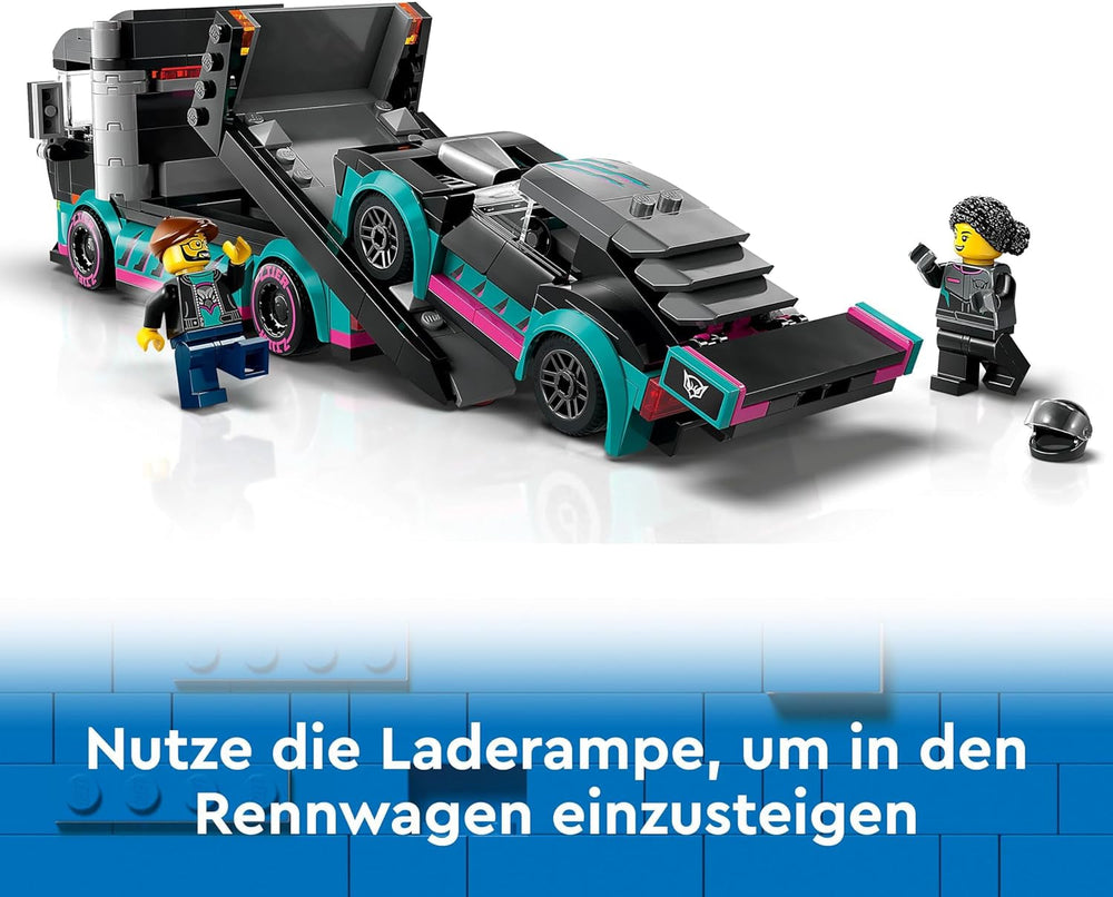 LEGO City Autotransporter mit Rennwagen, Spielzeug-LKW mit verstellbarer Laderampe und Rennwagen, Bauset mit 2 Minifiguren, Rennfahrer und LKW-Fahrer, für Kinder ab 6 Jahren 60406 Bausets Besuchen Sie den LEGO-Store