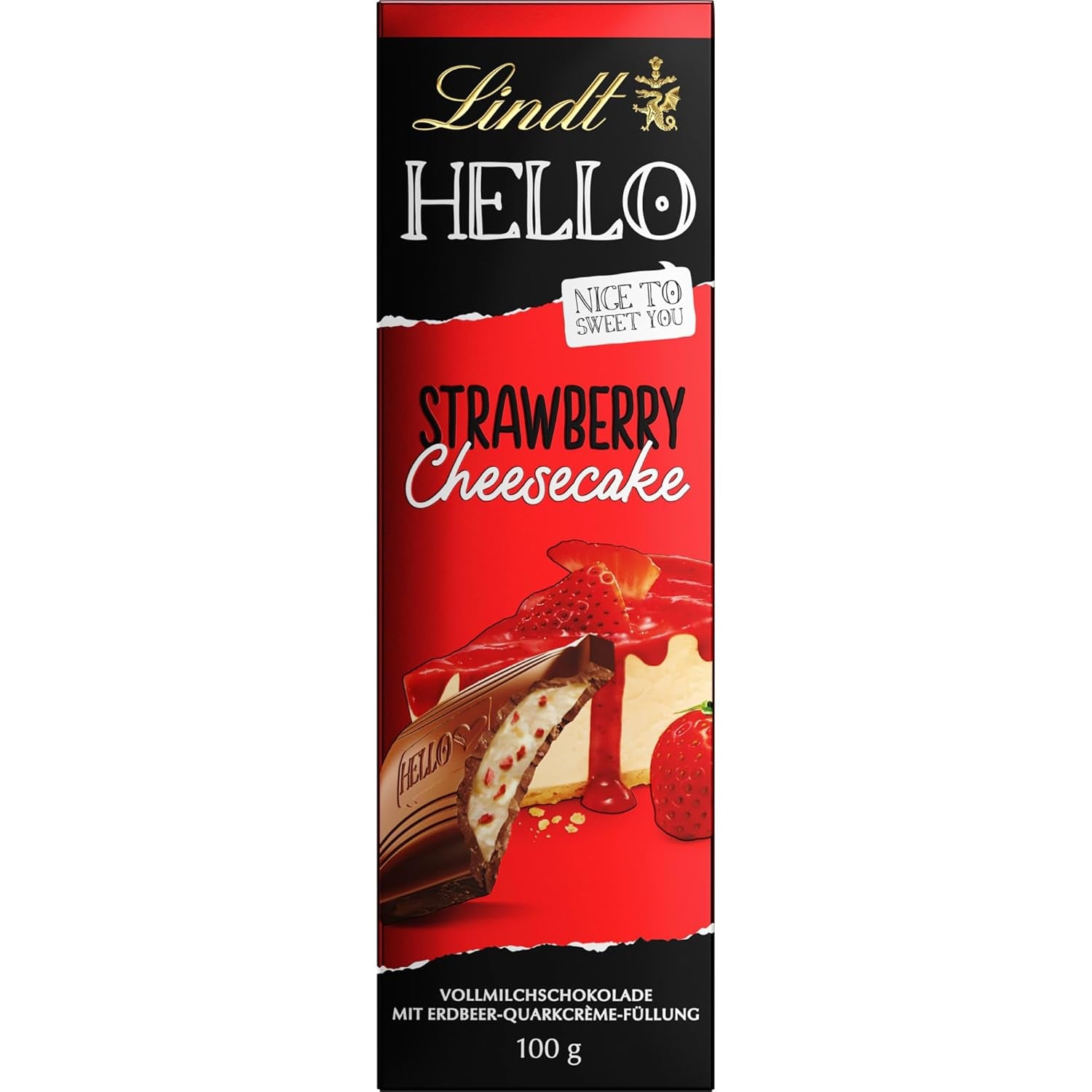 Lindt HELLO Erdbeer-Schokoladen-Käsekuchen | Riegel 100g | Milchschokolade mit Erdbeer-Quark-Creme-Füllung | Schokoriegel | Schokoladengeschenk
