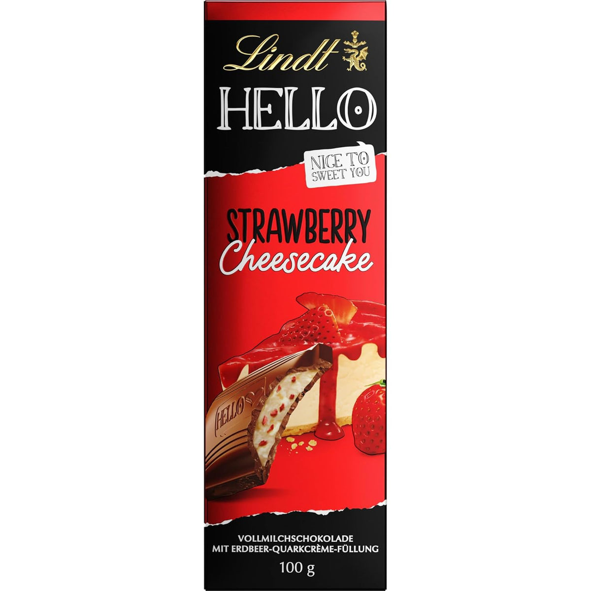 Lindt HELLO Erdbeer-Schokoladen-Käsekuchen | Riegel 100g | Milchschokolade mit Erdbeer-Quark-Creme-Füllung | Schokoriegel | Schokoladengeschenk