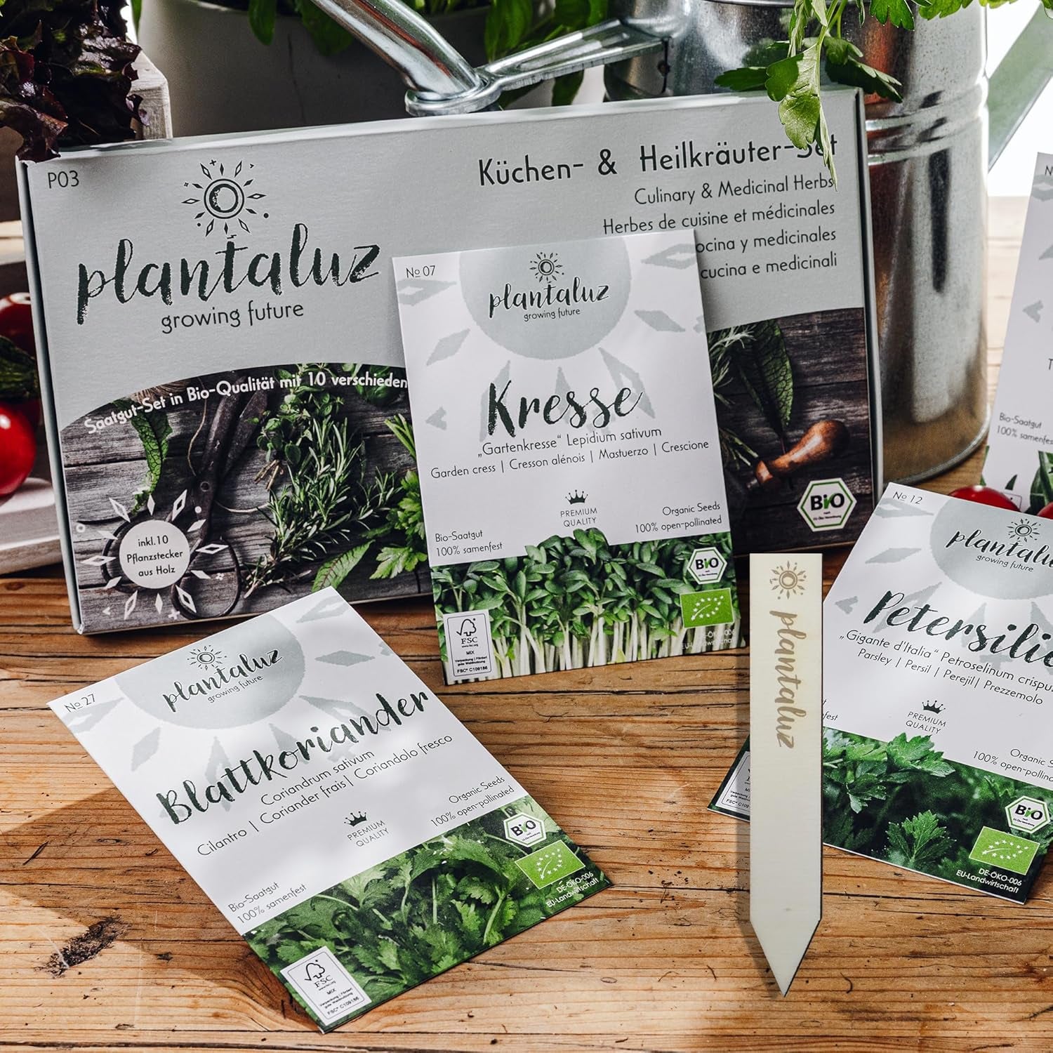 Plantaluz Premium Bio-Samen-Set P03 – Kulinarik- und Heilpflanzen-Samen-Set für Garten, Balkon und Innenbereich – inkl. Samen FSC-Pflanzstäbchen – Frei bestäubte, unbehandelte und gentechnikfreie Bio-Samen