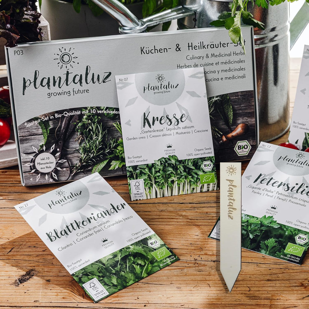 Plantaluz Premium Bio-Samen-Set P03 – Kulinarik- und Heilpflanzen-Samen-Set für Garten, Balkon und Innenbereich – inkl. Samen FSC-Pflanzstäbchen – Frei bestäubte, unbehandelte und gentechnikfreie Bio-Samen
