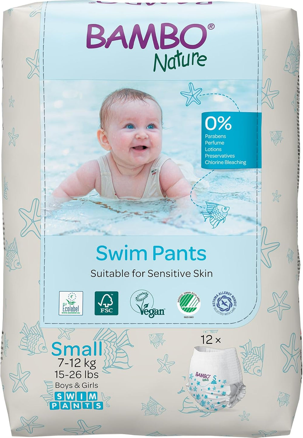 Bambo Nature Baby-Schwimmwindeln, Größe S (7–12 kg), 12 Windeln | Einweg-Schwimmwindeln mit sicherer Passform | Wasserdichter Komfort beim Wasserspiel