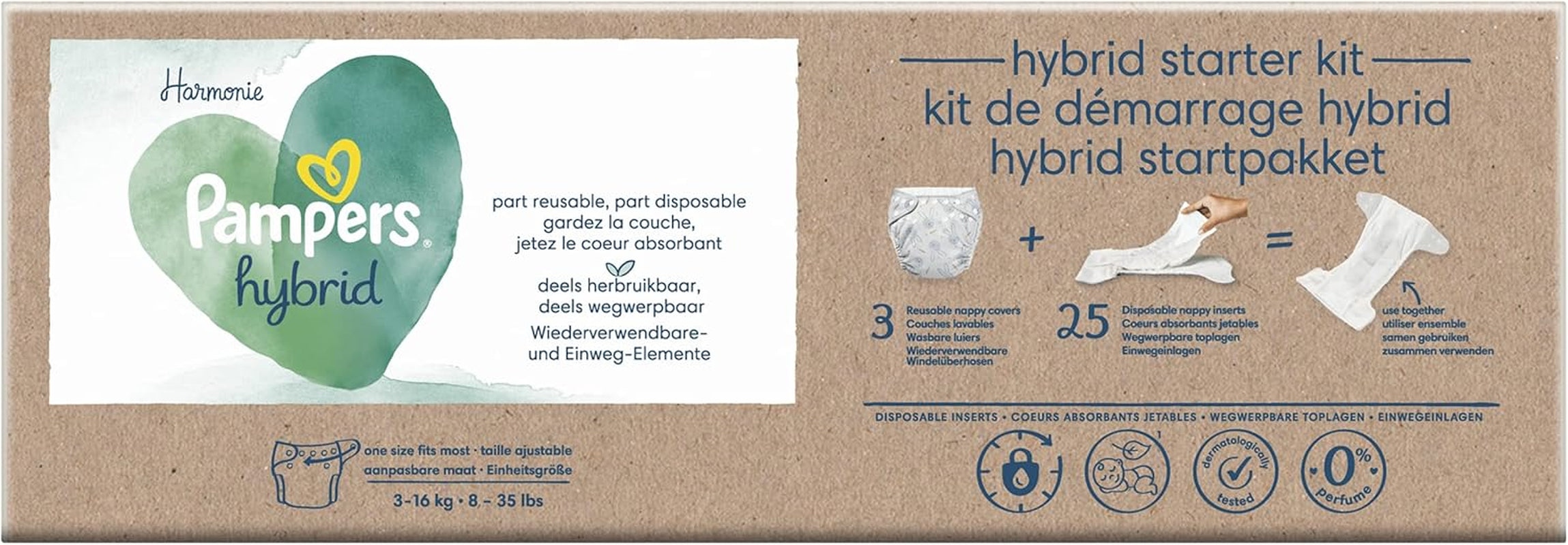 Pampers – Harmony Hybrid Starter Pack, 3 waschbare Windeln + 25 Einweg-Oberschichten – 1 Packung