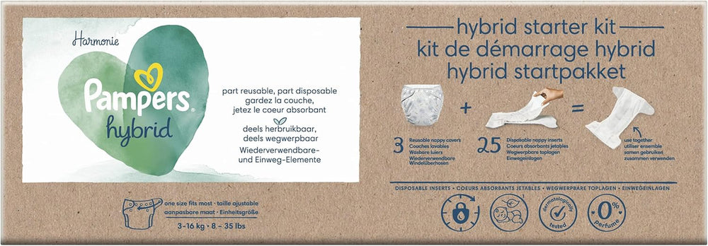 Pampers – Harmony Hybrid Starter Pack, 3 waschbare Windeln + 25 Einweg-Oberschichten – 1 Packung