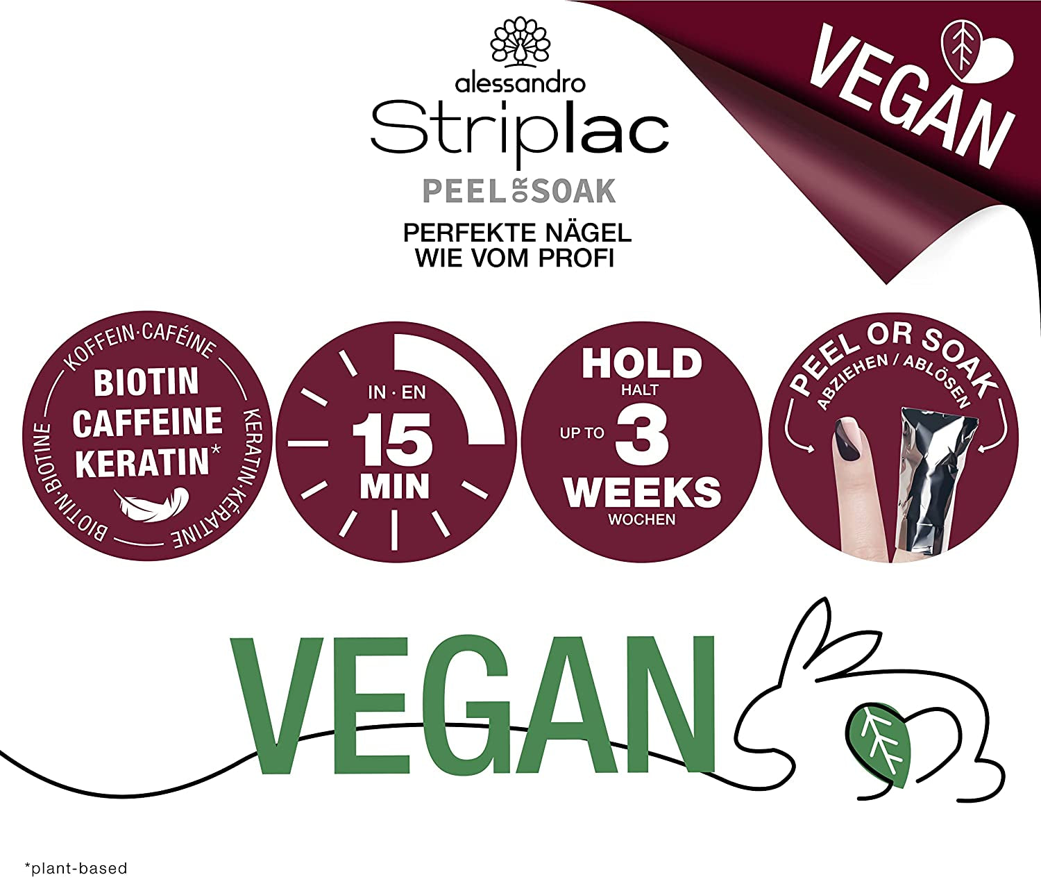 UV-Nagellack alessandro Striplac Midnight Black – Zart und langanhaltend – Einfache Entfernung dank Peel-Off-Entfernungstechnologie – Vegan und tierversuchsfrei – 8 ml