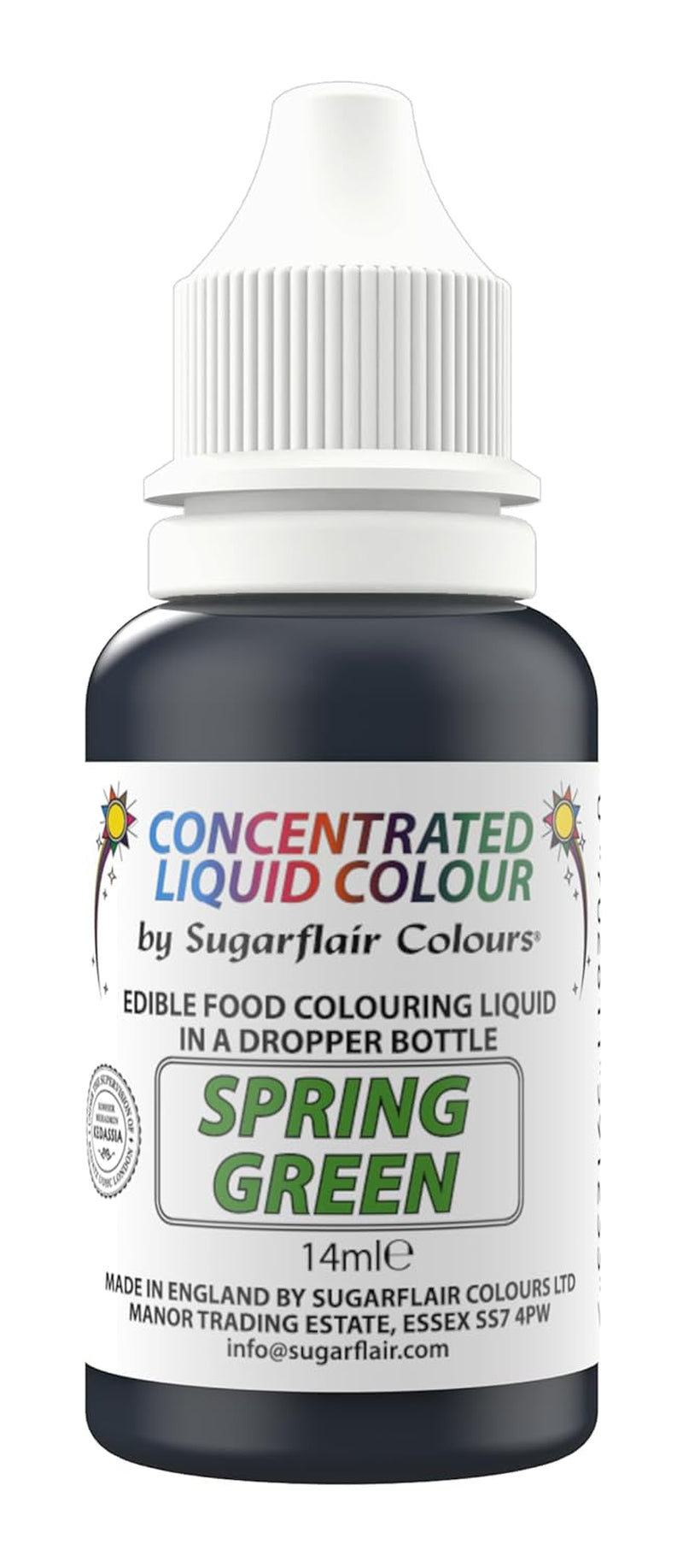 Colorant alimentar lichid comestibil cu picături Sugarflair, verde primăvară - Colorant alimentar pentru pastă de zahăr, cremă de unt - Poate fi folosit cu aerograful - 14 ml