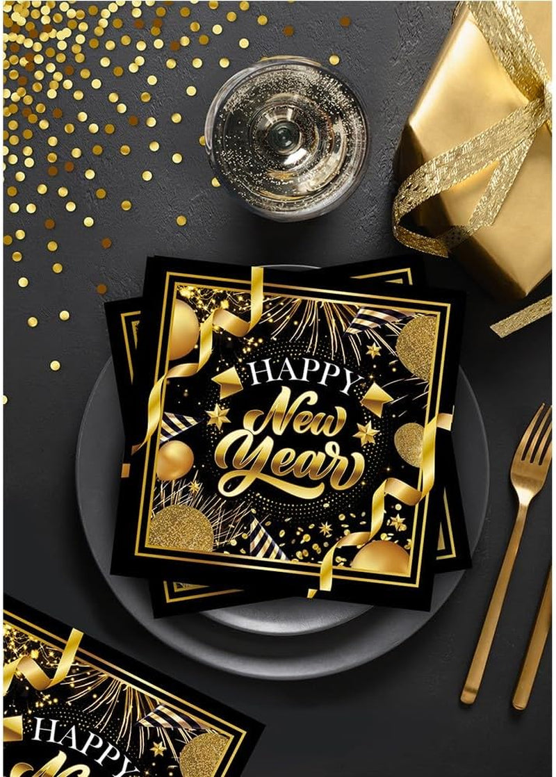 | 20 Șervețele Happy New Year (16X16 Cm) - Decorațiuni de masă pentru petreceri de Revelion - Ideal pentru evenimente și sărbători - Negru și auriu