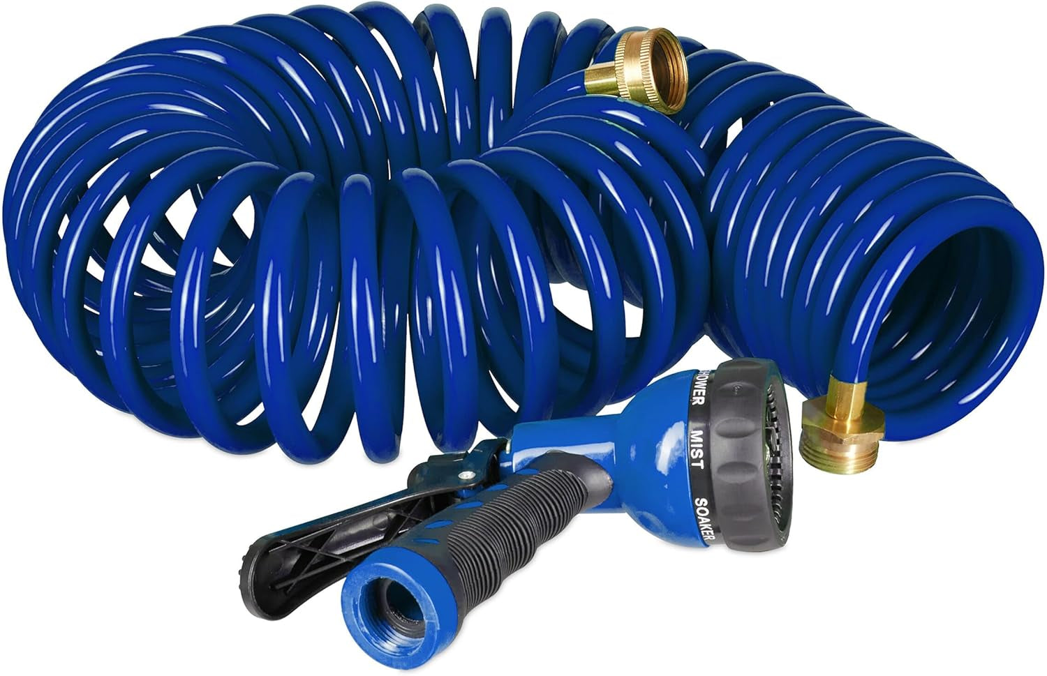 Furtun spiralat Relaxdays, extensibil până la 10 m, furtun flexibil de grădină cu pulverizator de apă, 7 modele de pulverizare, albastru, 25 x 52 x 15 cm