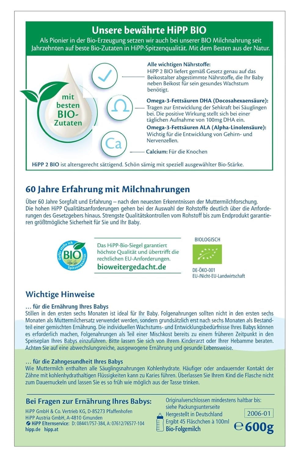 HiPP 2 Bio-Folgemilch (4 x 600g), nach 6 Monaten, mit Omega-3 (DHA, ALA), Calcium und einfach zuzubereitender Bio-Stärke, in bester Bio-Qualität
