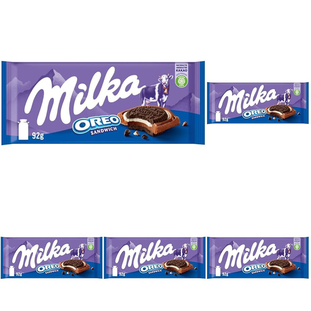 Milka Oreo Sandwich – Alpenmilchschokolade, gefüllt mit knusprigen Oreo-Keksstückchen und zarter Vanillecreme – 92g