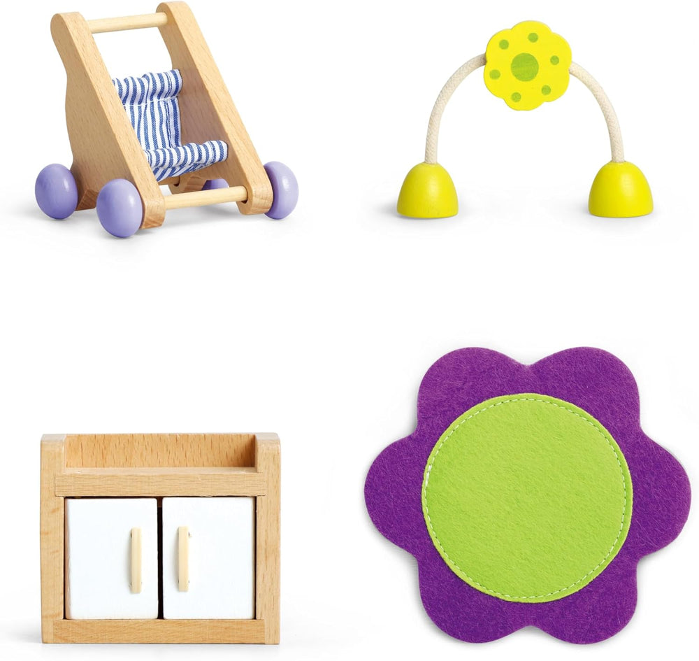Hape Baby Room – Set cameră de păpuși din lemn, mobilier pentru păpuși pentru copii, accesorii pentru casă de păpuși pentru copii mici, cameră de copii în miniatură cu leagăn și accesorii, joc de rol de la 3 ani
