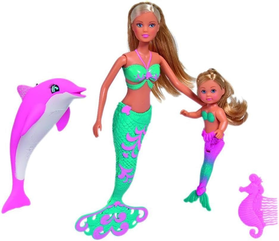 Simba 105733336 - Steffi LOVE Mermaid Friends, păpușă ca o sirenă magică cu sora Evi, figurină cu delfin și multe altele, jucărie pentru copii de la 3 ani în sus Papusi Naty Shop