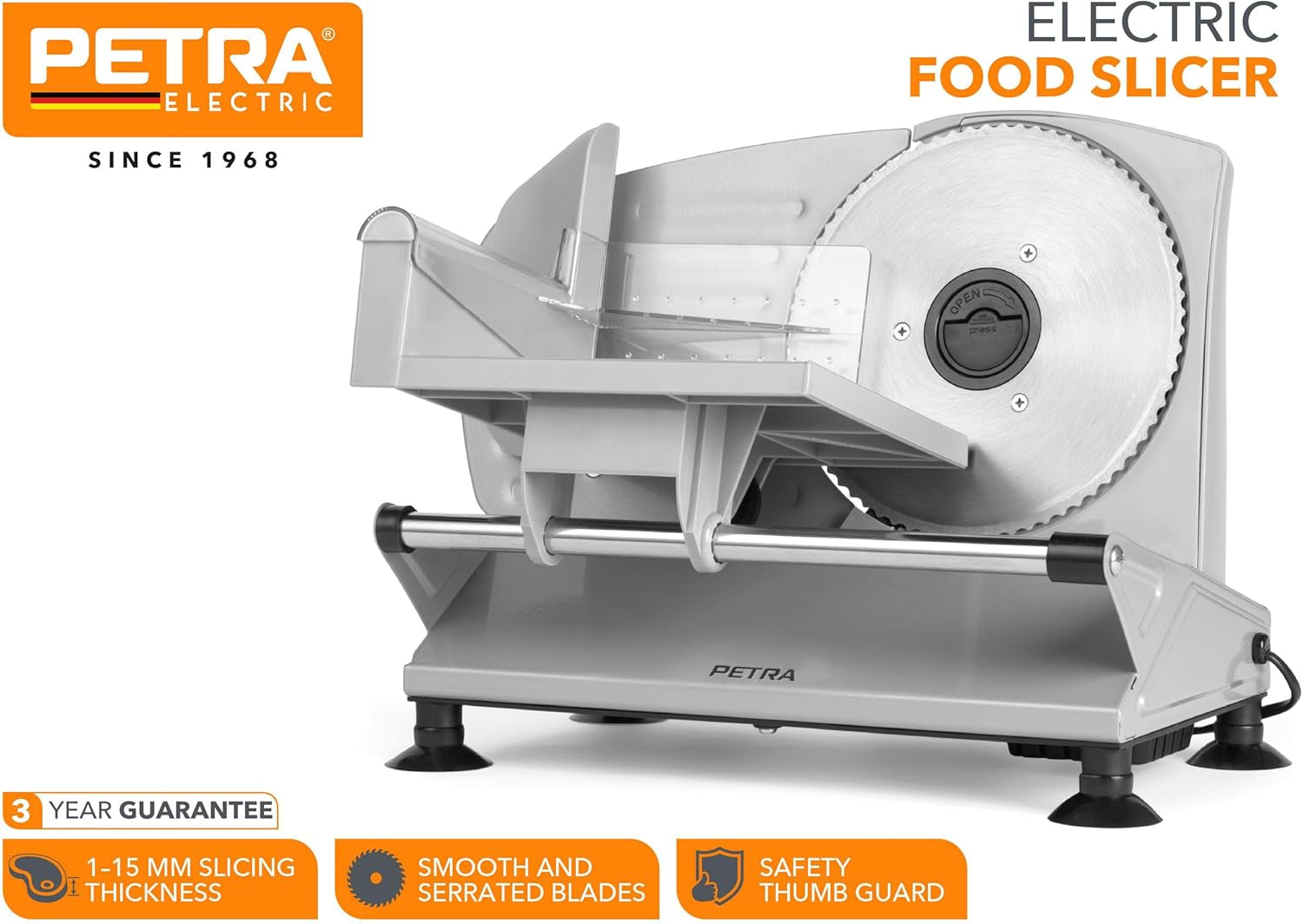 Petra PT4636VDE Multifunktionaler elektrischer Allesschneider, Schnittstärke 1–15 mm, 3 glatte Edelstahlklingen. Aktenvernichter und Schneidemaschinen Naty Shop