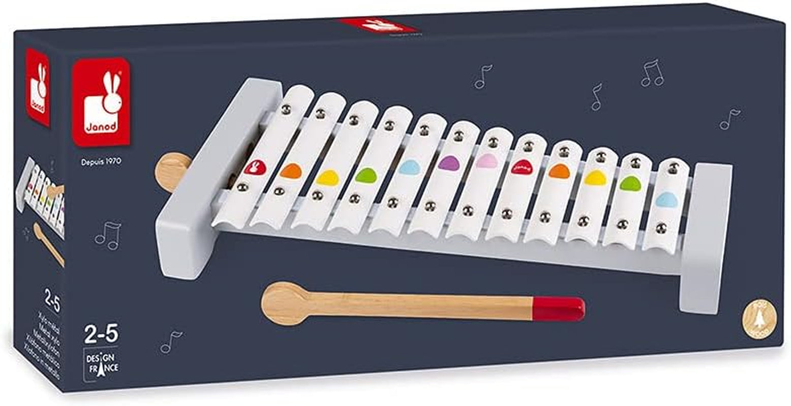 Janod - Xilofon Confetti din lemn și metal, instrument muzical pentru copii, replică de jucărie și jucărie pentru percepție muzicală, de la 2 ani, J07604 Jucarii Bebe Naty Shop