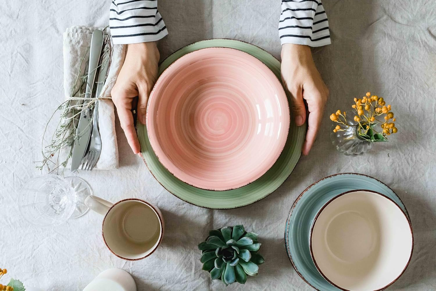 MÄSER 931612 Bel Tempo II set de veselă vintage pentru 6 persoane, 30 de piese, serviciu combinat din ceramică pictată manual în albastru, gresie, albastru fumuriu