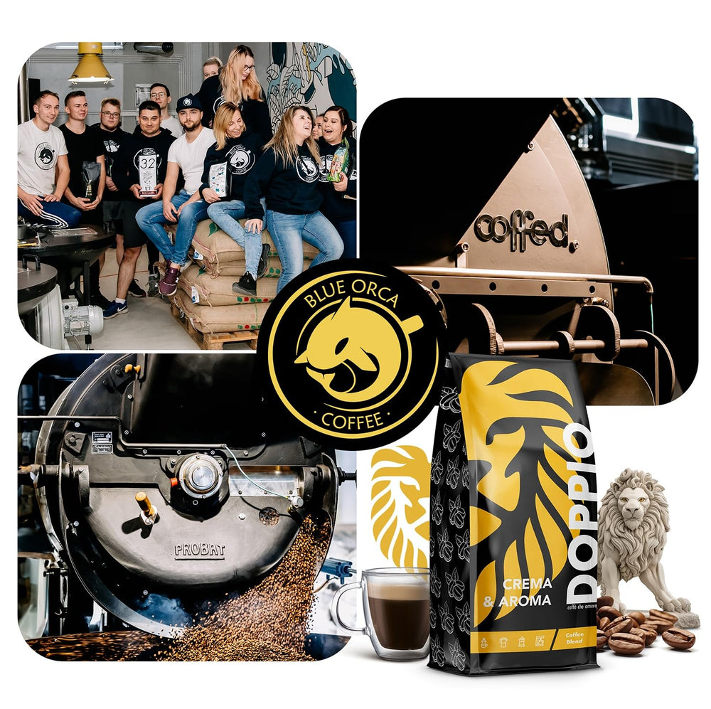 Doppio Crema & Aroma 1KG | Boabe de cafea 80% Arabica și 20% Robusta | cu note de cacao, nuci și caramel | Prăjire proaspătă și medie, aciditate scăzută | pentru espresso | Blue Orca Coffee