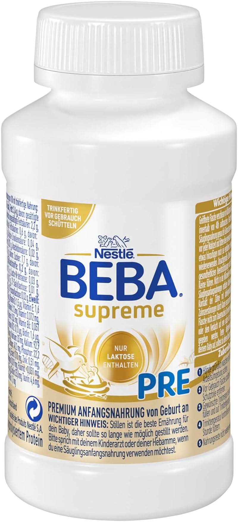 BEBA SUPREME PRE Anfangsmilch trinkfertig ab der Geburt, Babynahrung mit DHA, nur Laktose, palmölfrei, 8er Pack (8 x 200 ml) Mutter und Kind Naty Shop