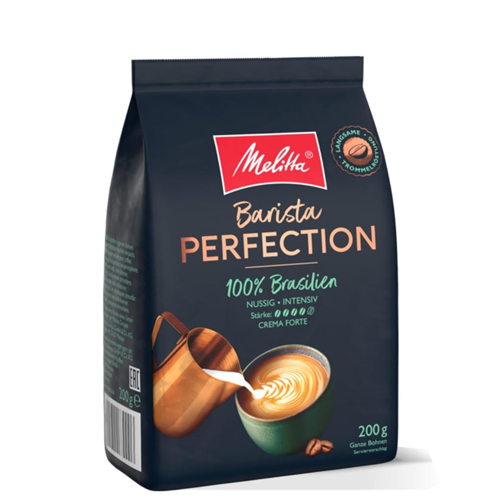 Melitta Barista Perfection 100% Brazilia, boabe de cafea întregi, cafea de origine unică, 100% Arabica, prăjire lentă cu tambur, Crema Forte, tărie 4 Cafea Naty Shop Brazilia 200 grame