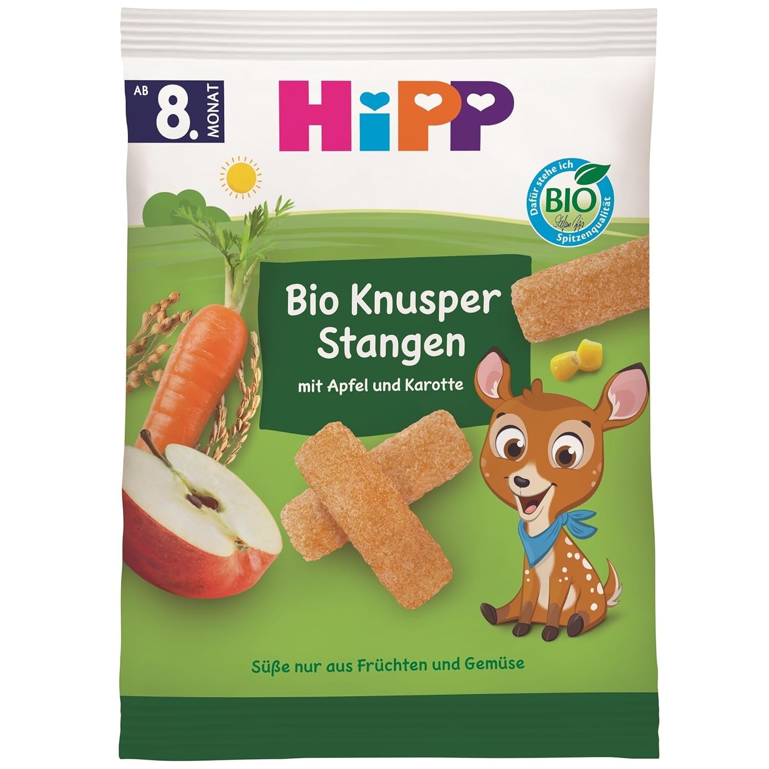 HiPP Bio Knusper Stangen Apfelkarotte (7 x 30g), Babysnack ab 8. Monat, Süße nur aus Früchten und Gemüse, glutenfrei, in bester Bio-Qualität