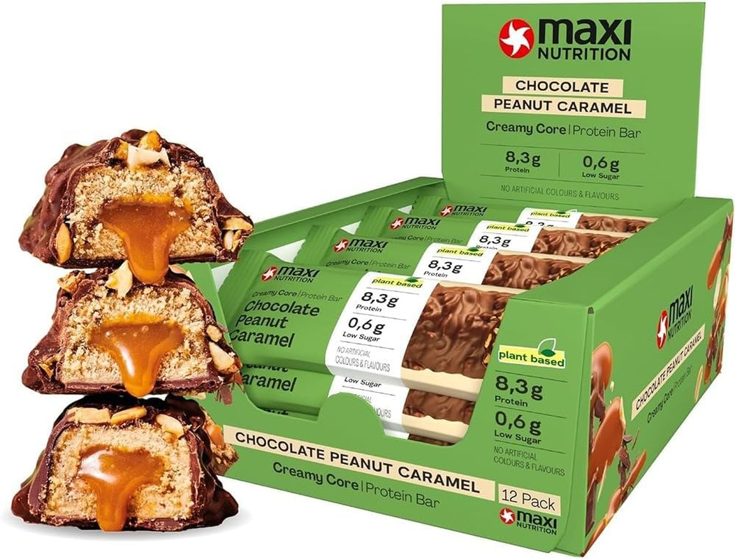 MaxiNutrition Cremiger veganer Proteinriegel mit Schokolade, Erdnüssen und Karamell 12x45g – veganer Proteinriegel, 18% Protein, 8,3g pro Riegel, geringer Zuckergehalt (0,9g), kein zugesetzter Zucker, keine künstlichen Aromen