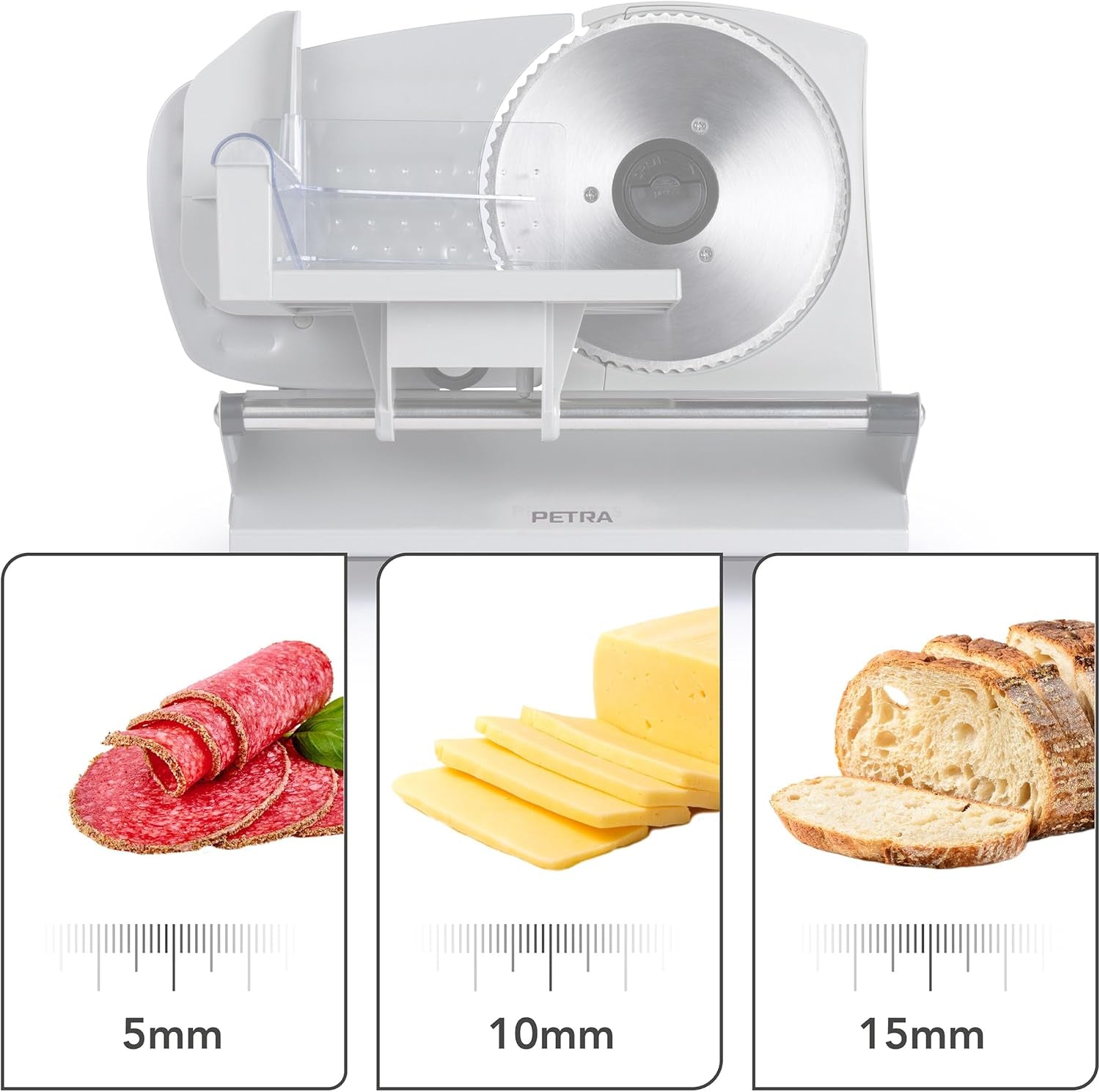 Petra PT4636VDE Multifunktionaler elektrischer Allesschneider, Schnittstärke 1–15 mm, 3 glatte Edelstahlklingen. Aktenvernichter und Schneidemaschinen Naty Shop