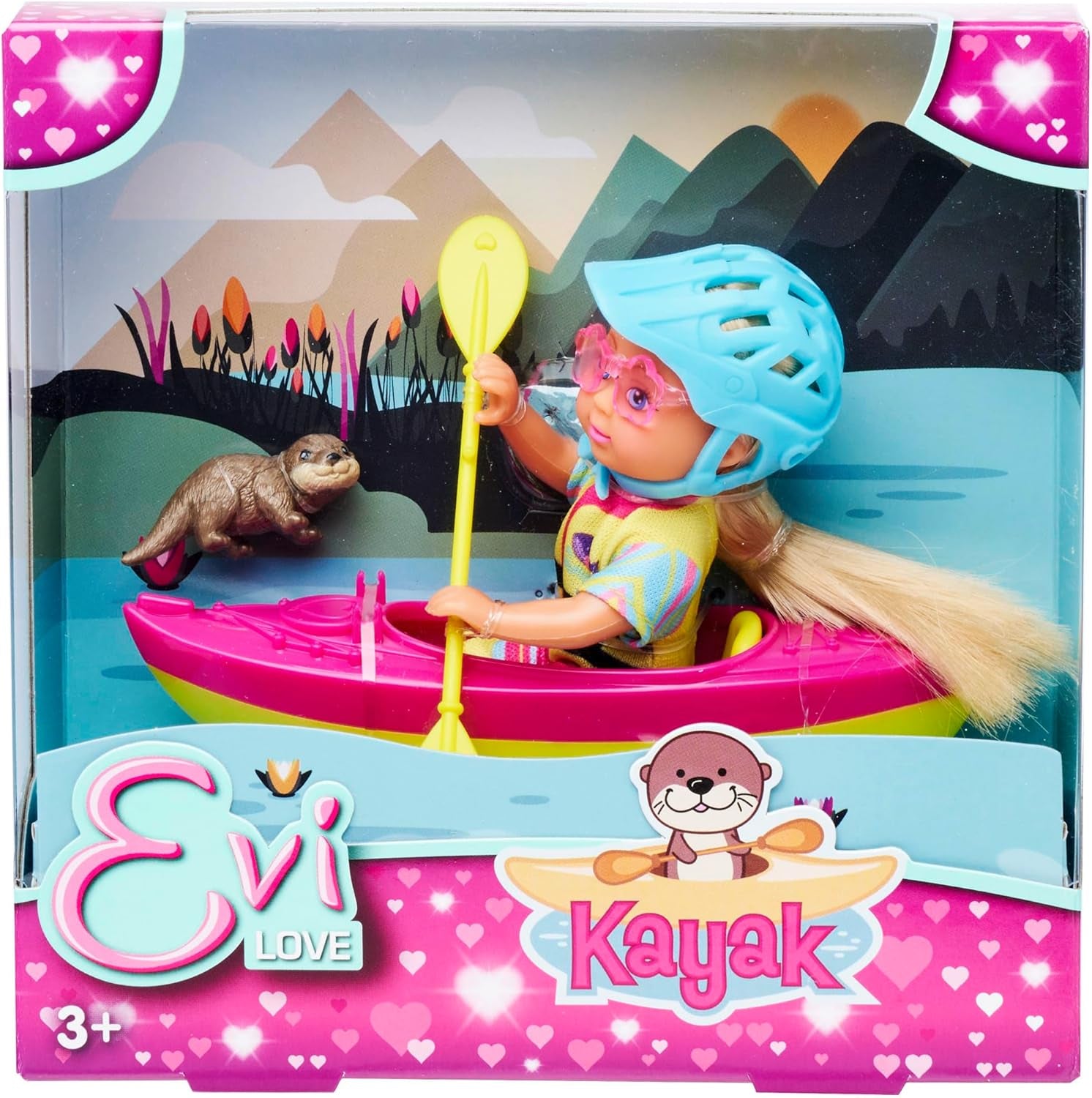 Simba Evi Love Kayak, Spielpuppe Macht eine Kajaktour, mit Passantenbekleidung, Helm, Paddel, Sonnenbrille und Otter, 12cm, ab 3 Jahren