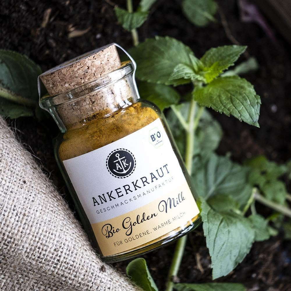 Ankerkraut Bio Golden Milk, Gewürz für goldene Milch, mit Kurkuma, Zimt und Ingwer, 75 g im Korkglas