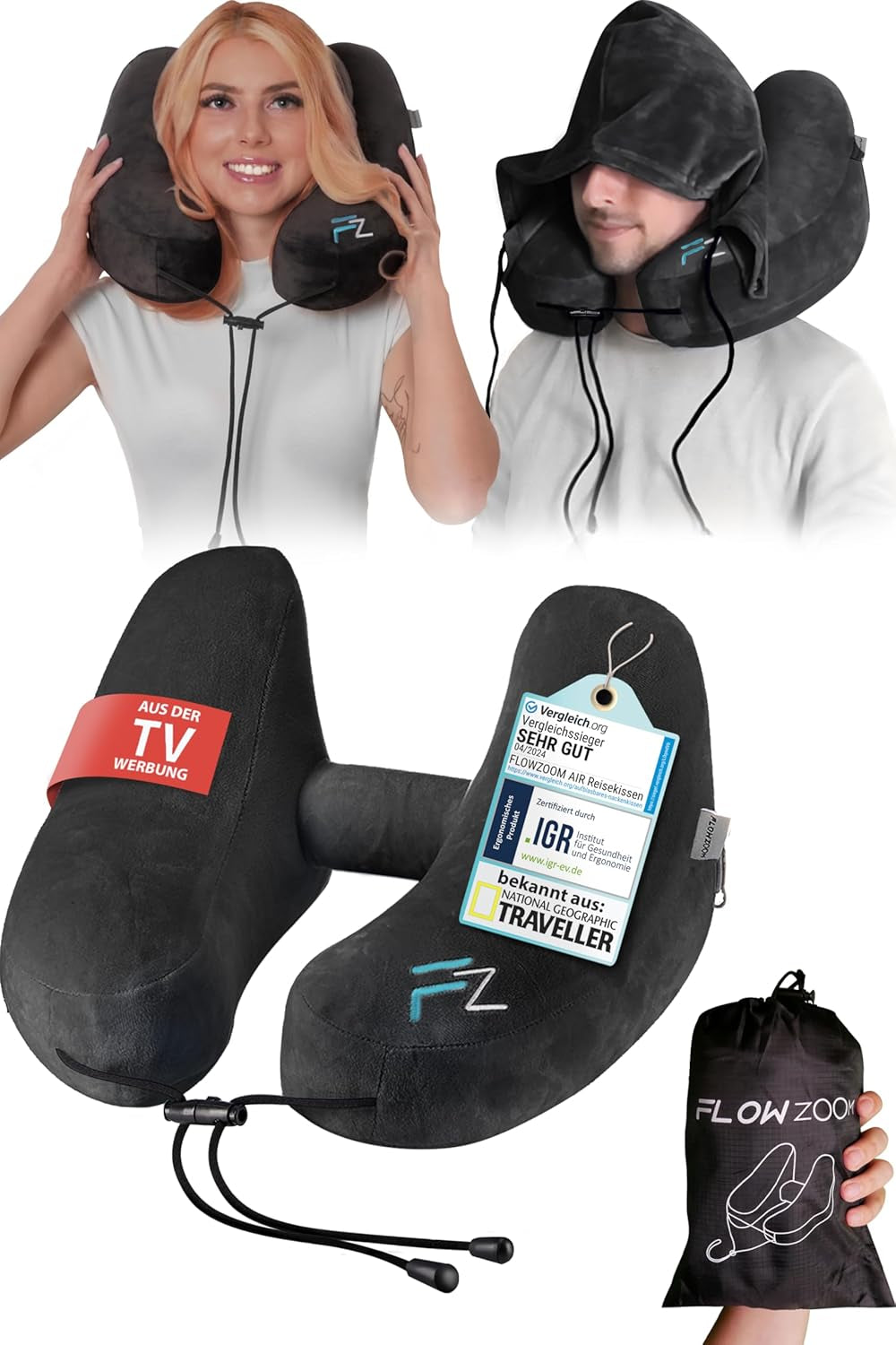 Perna de gât FLOWZOOM AIR gonflabilă cu glugă - pernă de gât pentru avion - pernă de călătorie - pernă de gât gonflabilă rapid pentru călătorie - pernă de avion - pernă de călătorie - pernă de gât pentru adulți (gri) Perne ortopedice cervicale Naty Shop 2) Negru - mărimea L