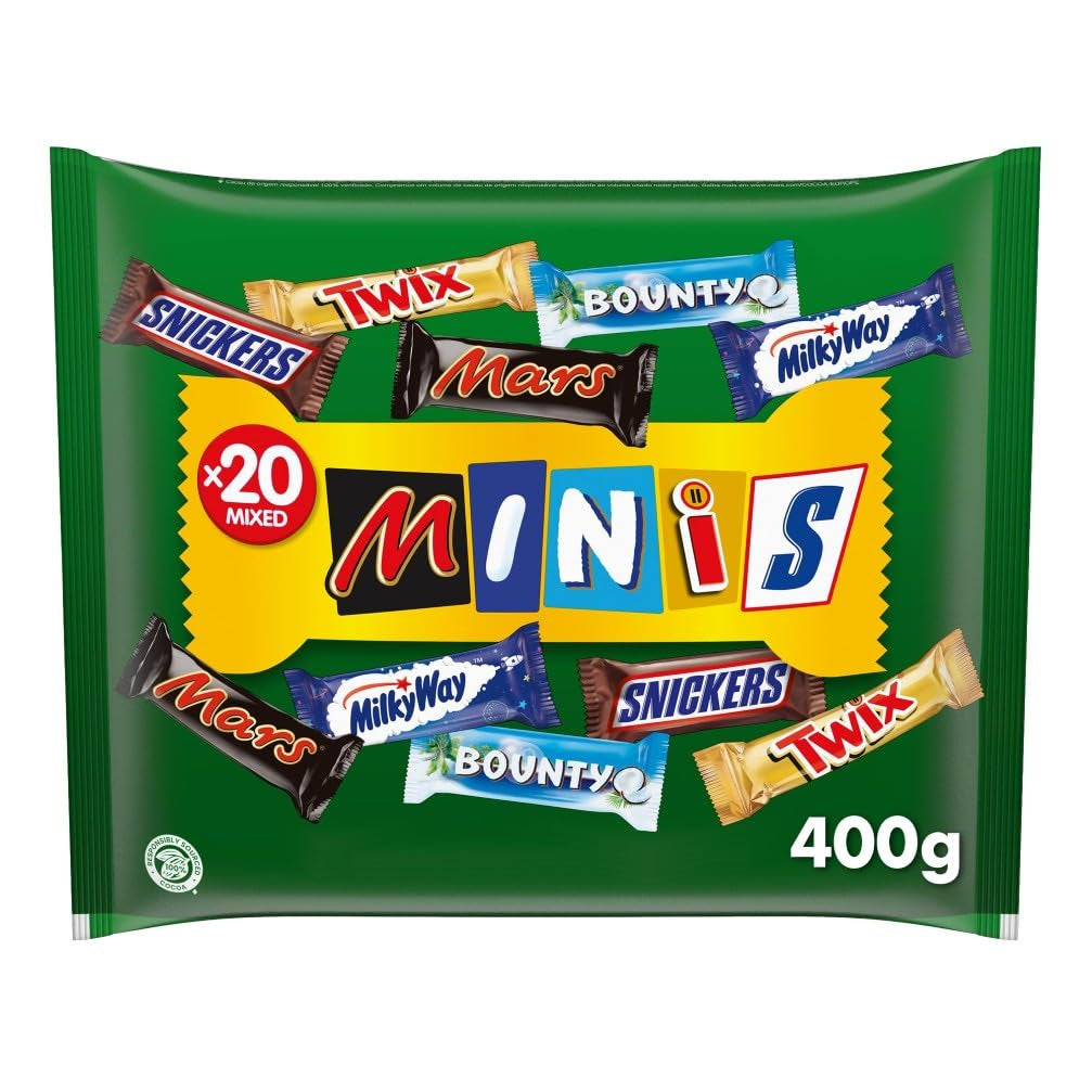 Mini-Mischschokoladen-Großpackung, 20 Mini-Schokoladensnacks (Mars, Snickers, Bounty, Twix, Milky Way), als Süßigkeiten, Schokoladengeschenk, Süßigkeitenbox, 400 g