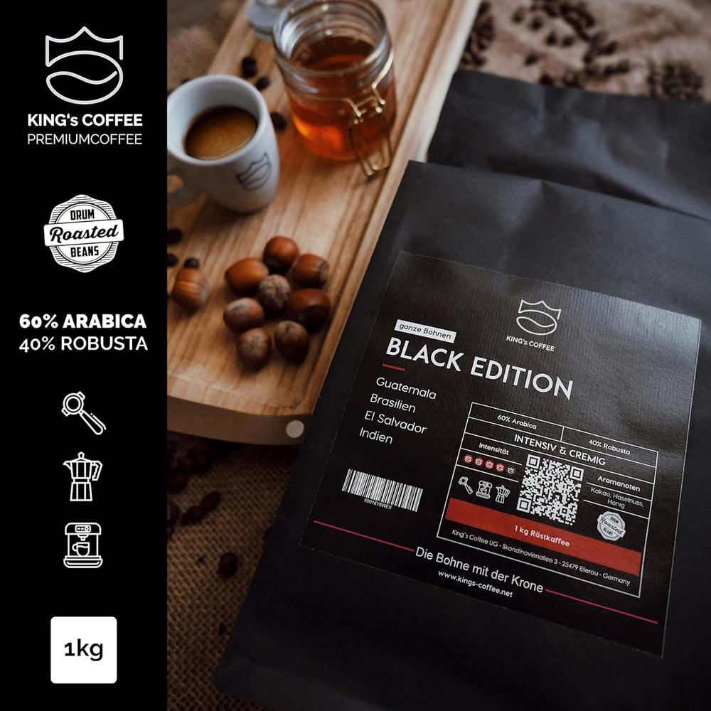 KING'S COFFEE - EDIȚIE NEAGRĂ - 1 kg Boabe de Cafea Crema Intense - Cafea cu Aciditate Scăzută - Prăjire în Loturi Mici din Italia - Boabe de Espresso Arabica Puternic (Amestec) pentru Aparate Complet Automate și Portafiltru