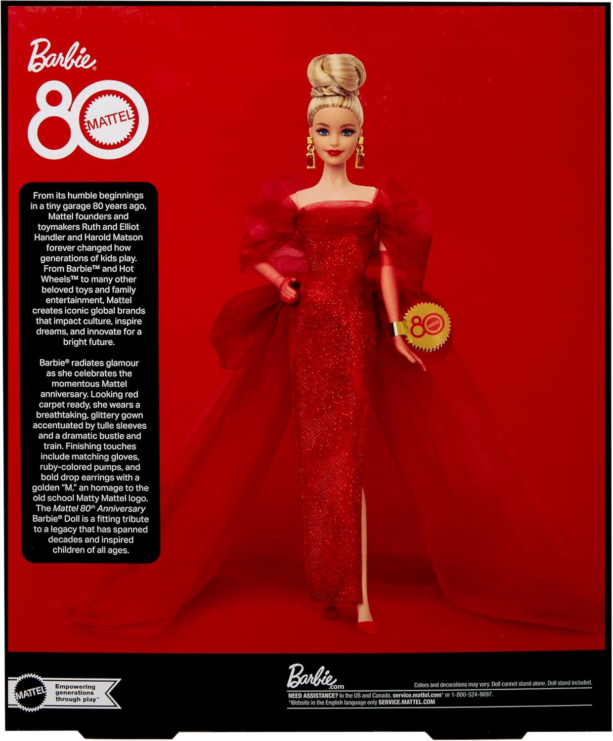 Păpușa Barbie Signature, figurină de colecție Mattel aniversară de 80 de ani, într-o rochie strălucitoare din tul roșu, cu cercei în formă de lacrimă și mănuși delicate, păr blond, JBJ17