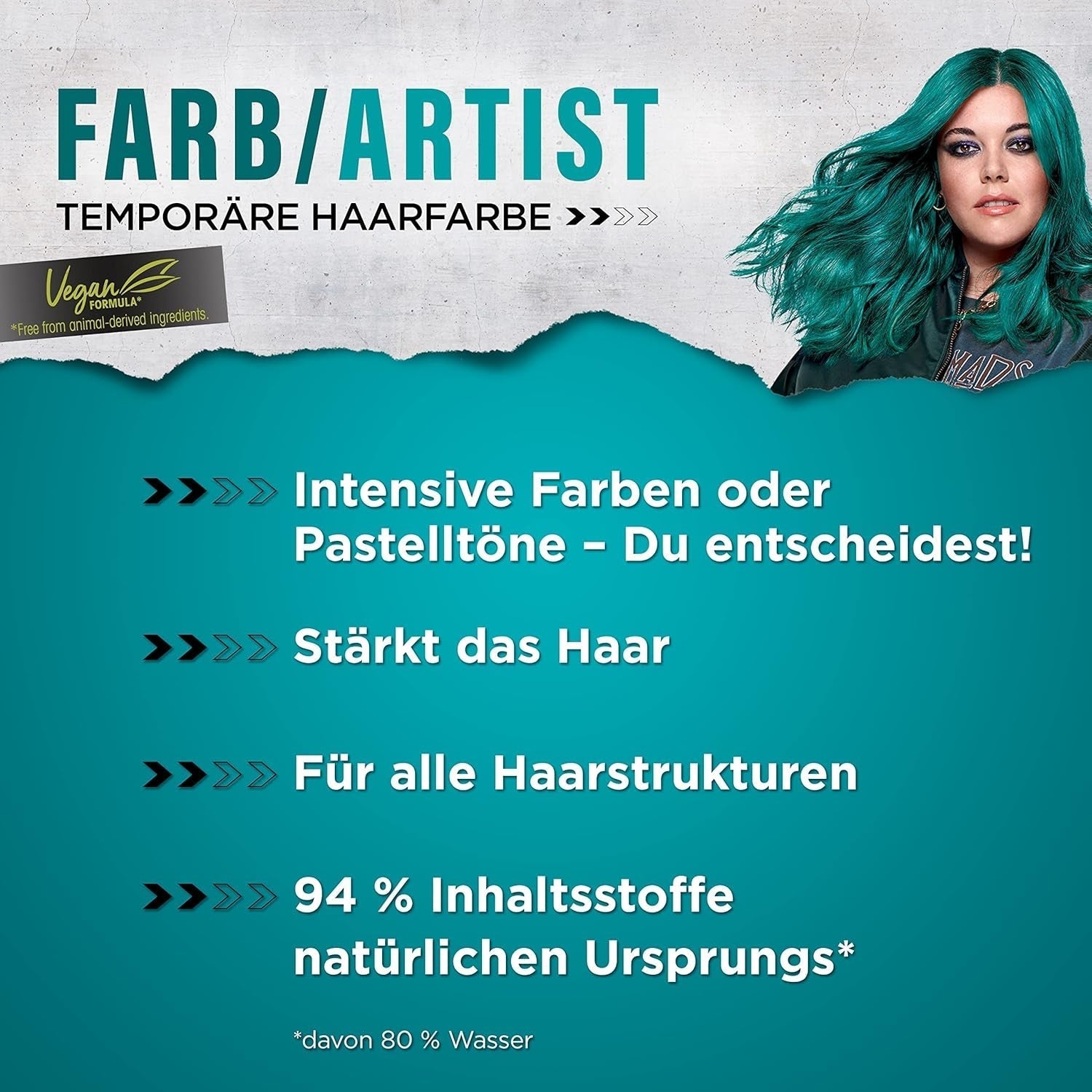 got2b Colour/Artist 097 Mermaid Green Level 2 (3x 80 ml), vopseaua de păr temporară face părul să strălucească în culori intense sau nuanțe pastelate, vopseaua de păr durează 12-15 spălări, formulă vegană Vopsea pentru par Naty Shop