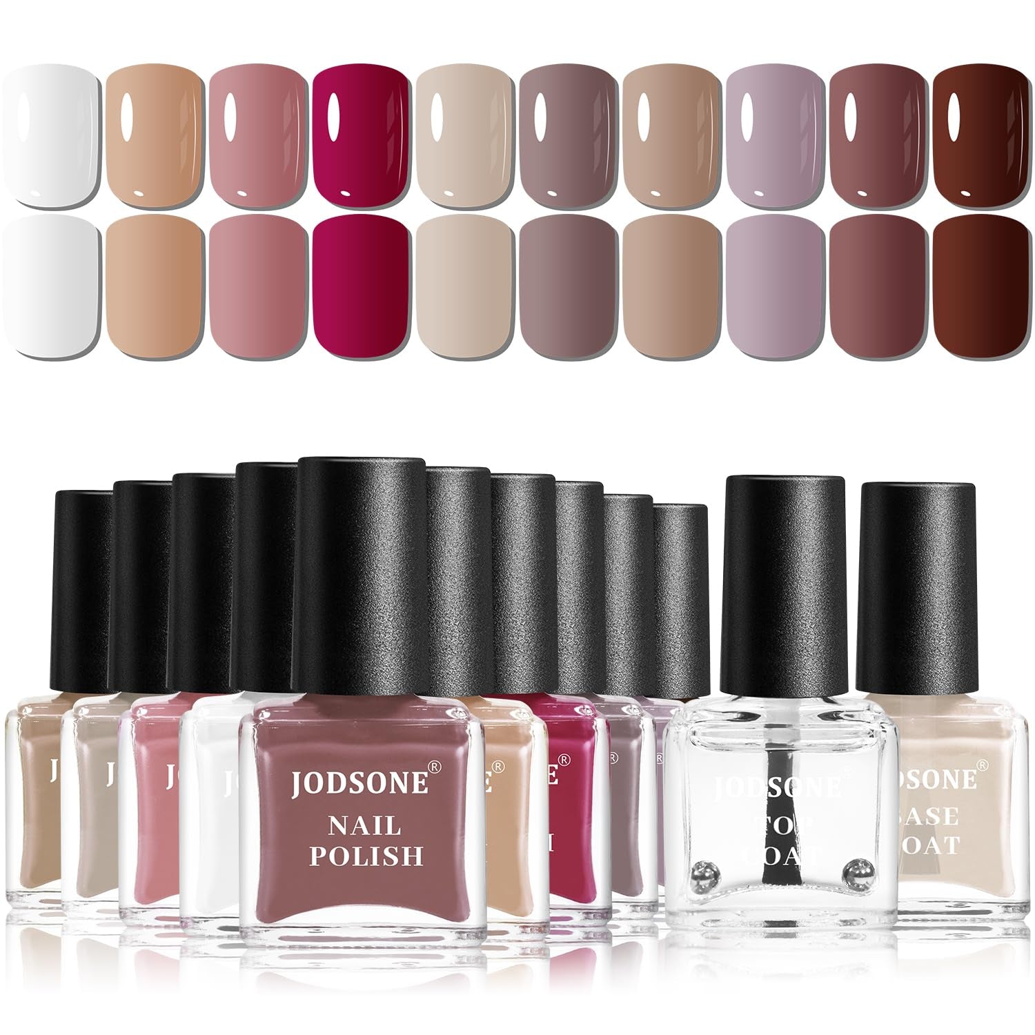 JODSONE 12-teiliges Nagellack-Set, 10 Farben, Kombination aus 2 Unterlacken und Überlack, schnell trocknender Nagellack für Amateure und Anfänger