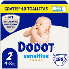 Sensitive Babywindeln, Größe 2 (4–8 kg), 198 Windeln + 1 Packung mit 40 kostenlosen Reinigungstüchern, umfassende Aqua-Pflege, Saugfähigkeit und Hautschutz, Monatspackung