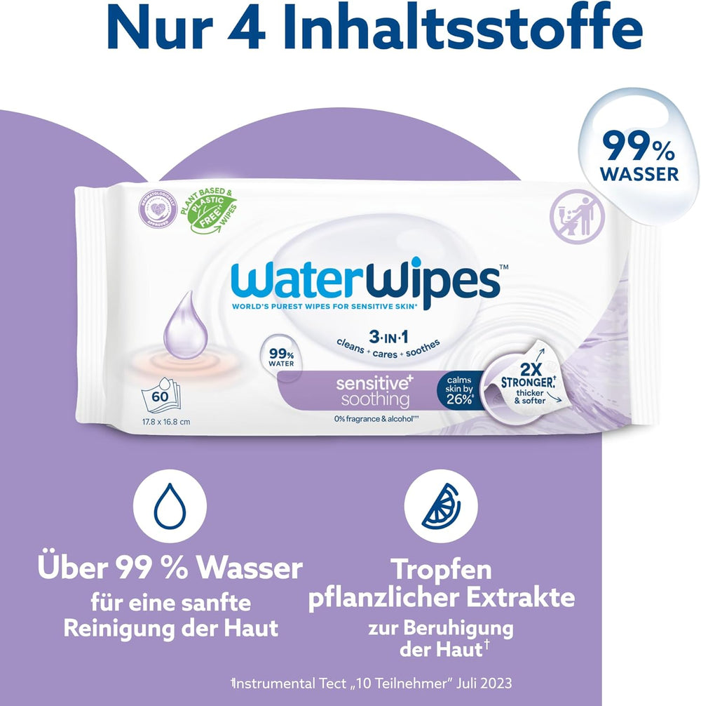 WaterWipes Sensitive+ Beruhigende, saubere Feuchttücher, 720 Stück (12er-Pack), 3-in-1-Reinigung, Pflege und Beruhigung, 99 % Wasser mit Pflanzenextrakt, parfümfreie Baby-Feuchttücher
