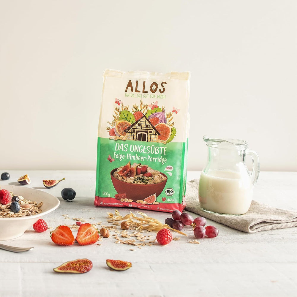 Ungesüßter Allos-Porridge mit Feigen und Himbeeren | Porridge ohne Zucker | Bio-Müsli | Müsli mit Früchten | Haferflocken | Porridge zum Frühstück | Müsli zum Frühstück | Vegan | 6er-Pack (6 x 500 g)