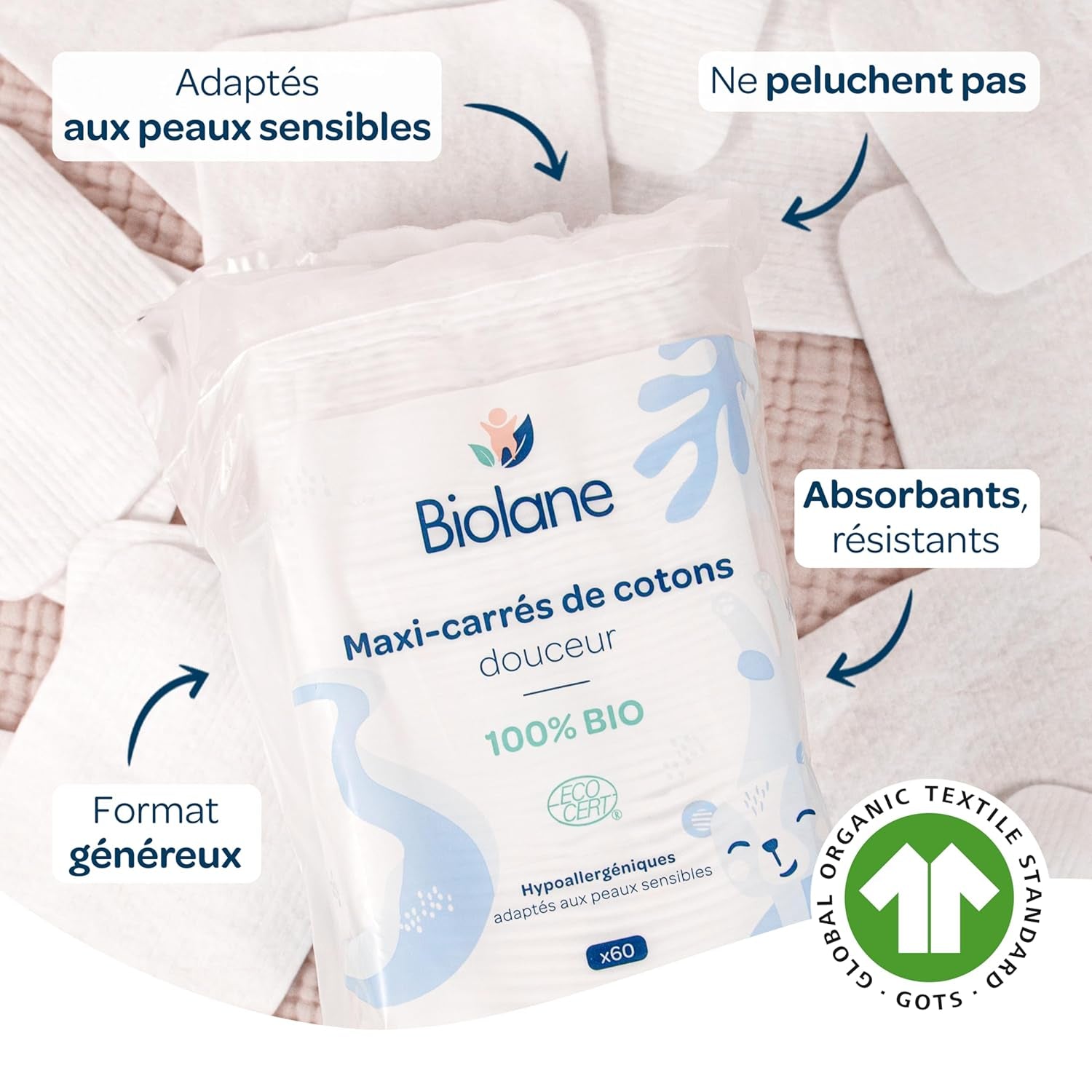 BIOLANE 12 Maxi Squares Nasseinlagen – Babys – 100 % Bio – 720 Baumwolle – für empfindliche Haut – Wickel- und Toilettenartikel – ab der Geburt – hergestellt in Frankreich