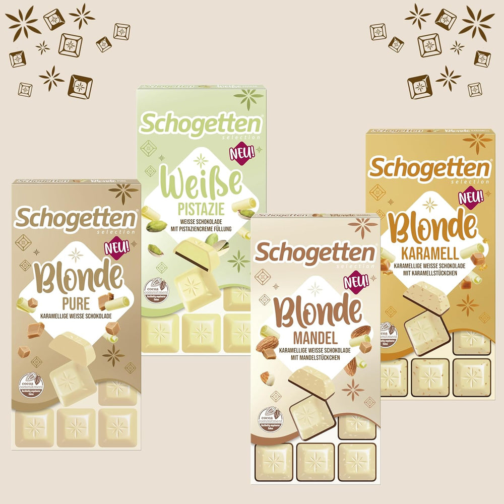 Schogetten Blonde Mandel | Weiße Schokolade mit Karamell- und Mandelstückchen | 100 g | Praktisch portioniert (2er-Pack)