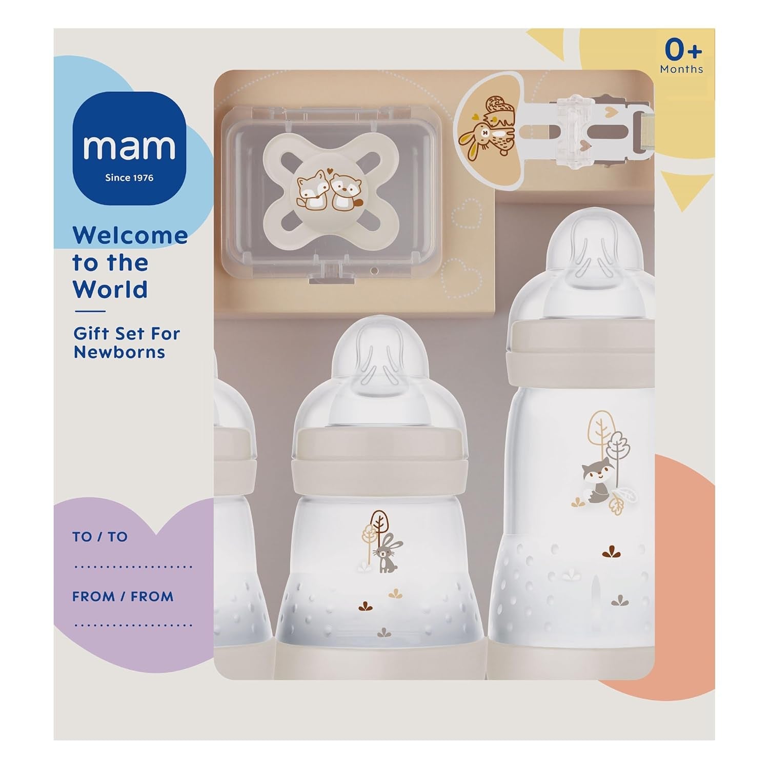 Set MAM Nou-născut, Set Cadou, format din: 2 x Biberoane Anti-Colic 160 ml, 1 x Biberon Anti-Colic 260 ml, 1 x Suzetă Original Start, 1 x Broșă pentru suzetă, de la 0 luni, Neutro