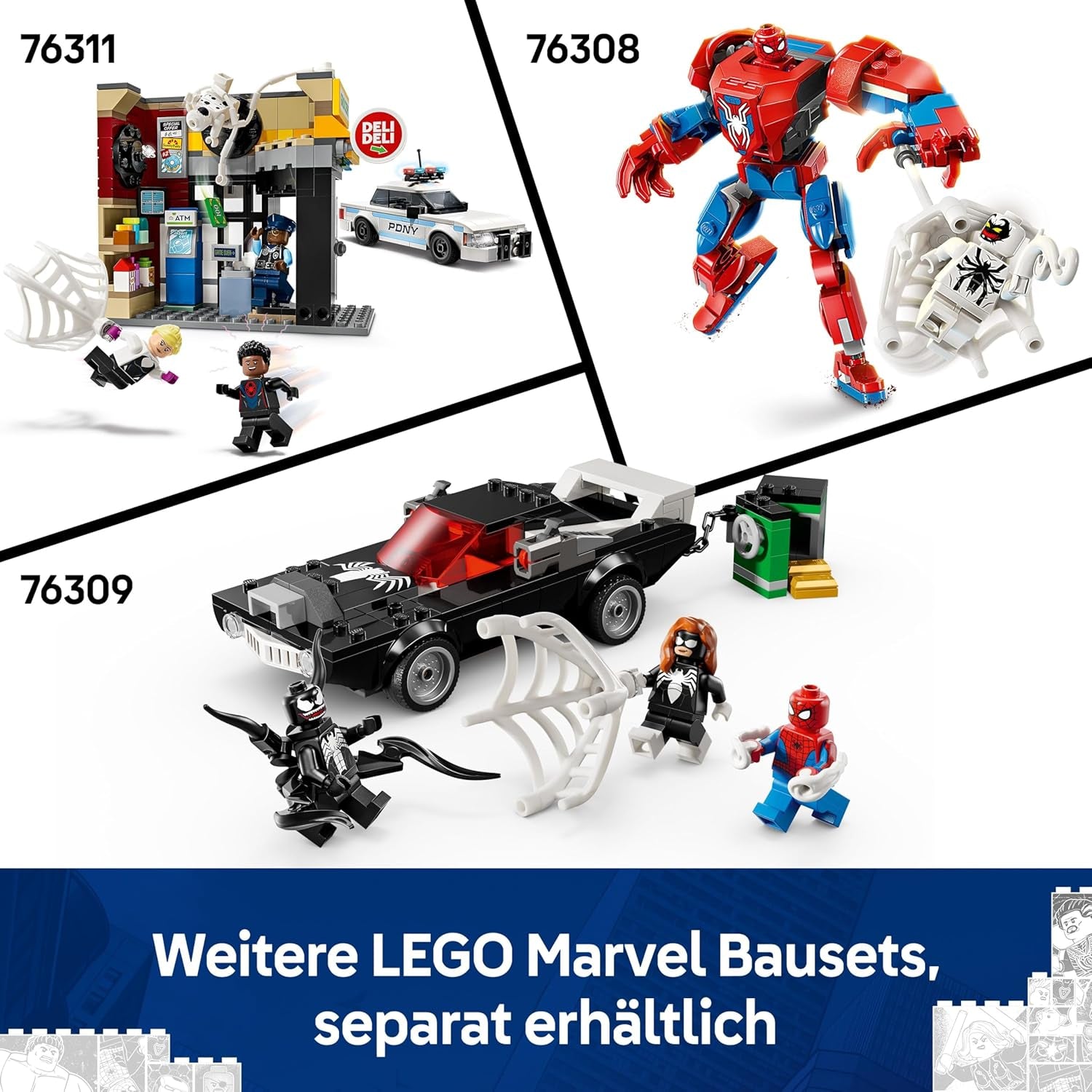 LEGO | Marvel Spider-Man Mech Vs. Venom Muscle Car – Auto Spielzeug mit 3 Superhelden Minifiguren – Modellauto mit Shootern – Geschenk für Jungen und Mädchen ab 7 Jahren 76309